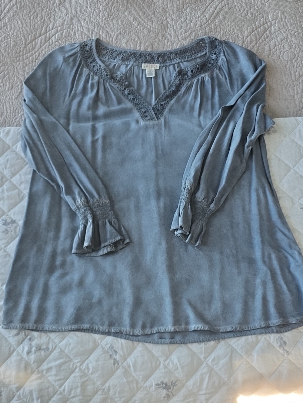 Spense Washed Light Blue Lace-Trim Peasant Blouse